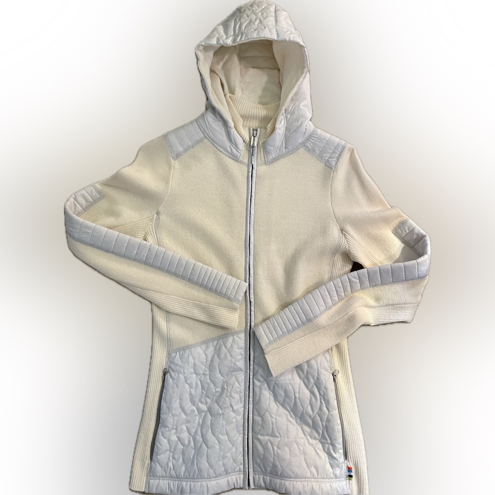 SMARTWOOL Ski Ninja Hooded full zip sweater; size S; cream/silver